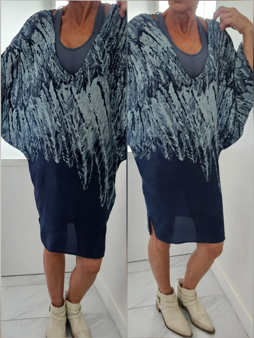 Ramona Larue Silk Blue Colorway Scrunch Shoulder V-Neck Caftan Dress